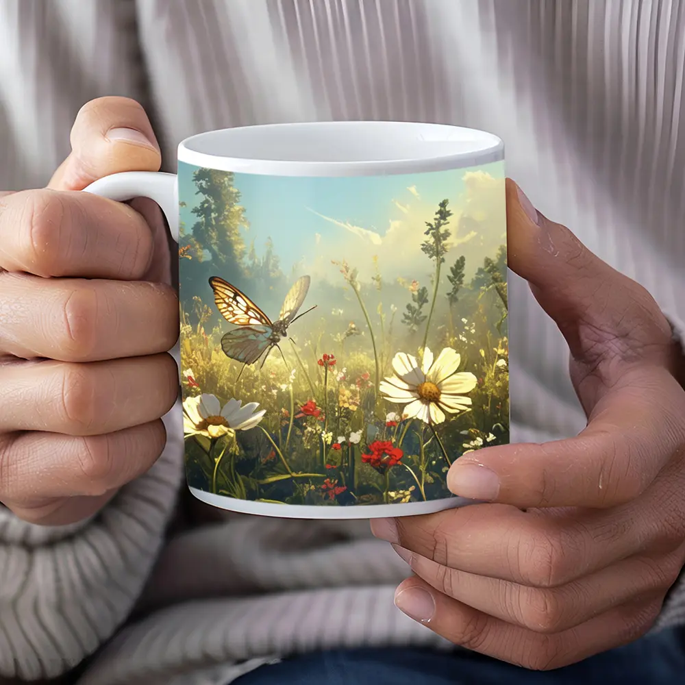 Butterfly Over Daisy Wildflower Meadow Summer – Mugs