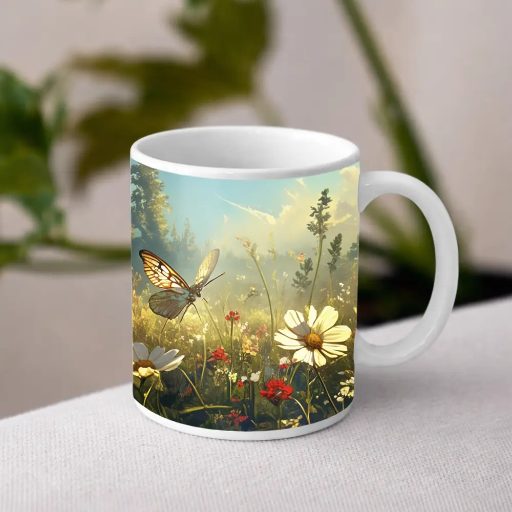 Butterfly Over Daisy Wildflower Meadow Summer – Mugs