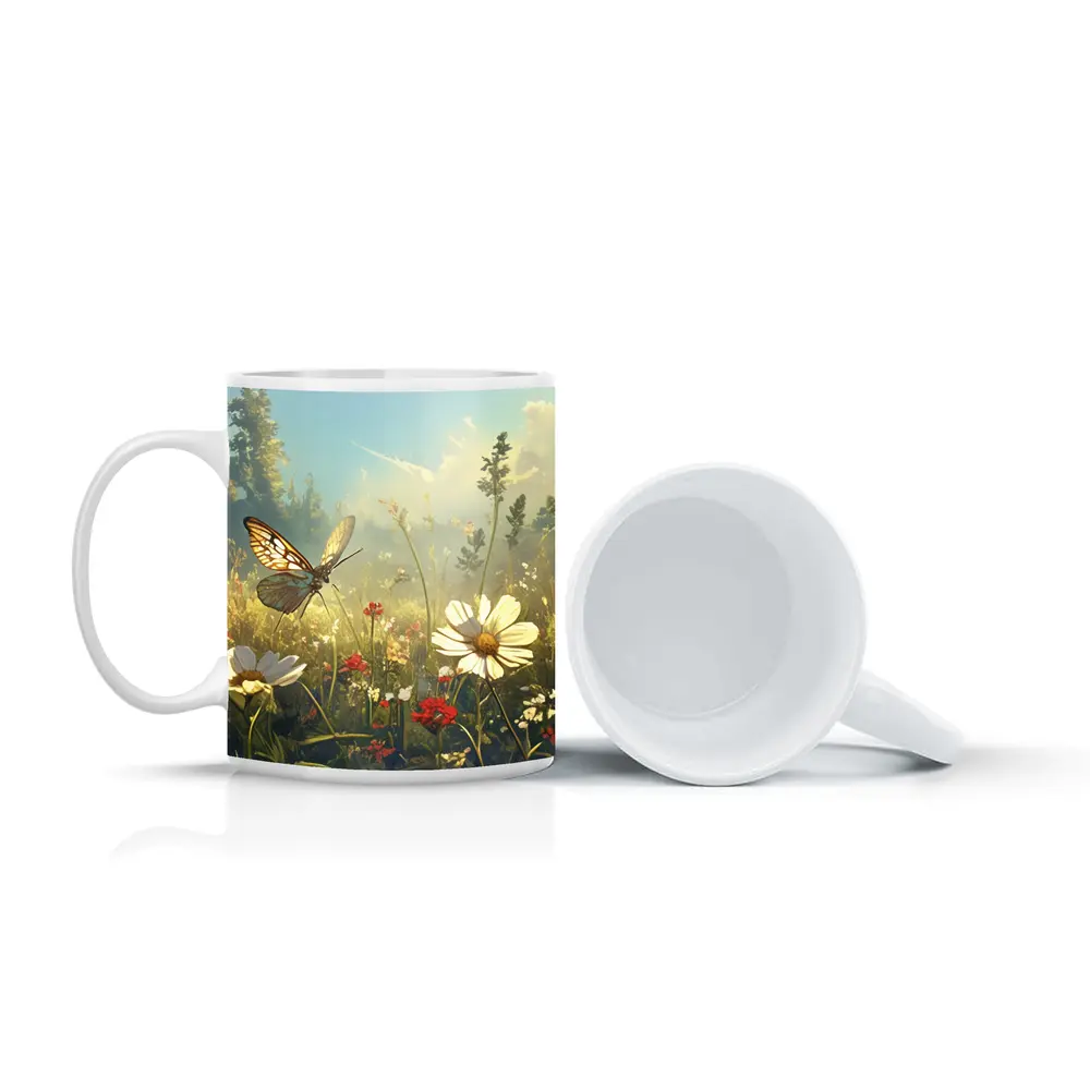 Butterfly Over Daisy Wildflower Meadow Summer – Mugs