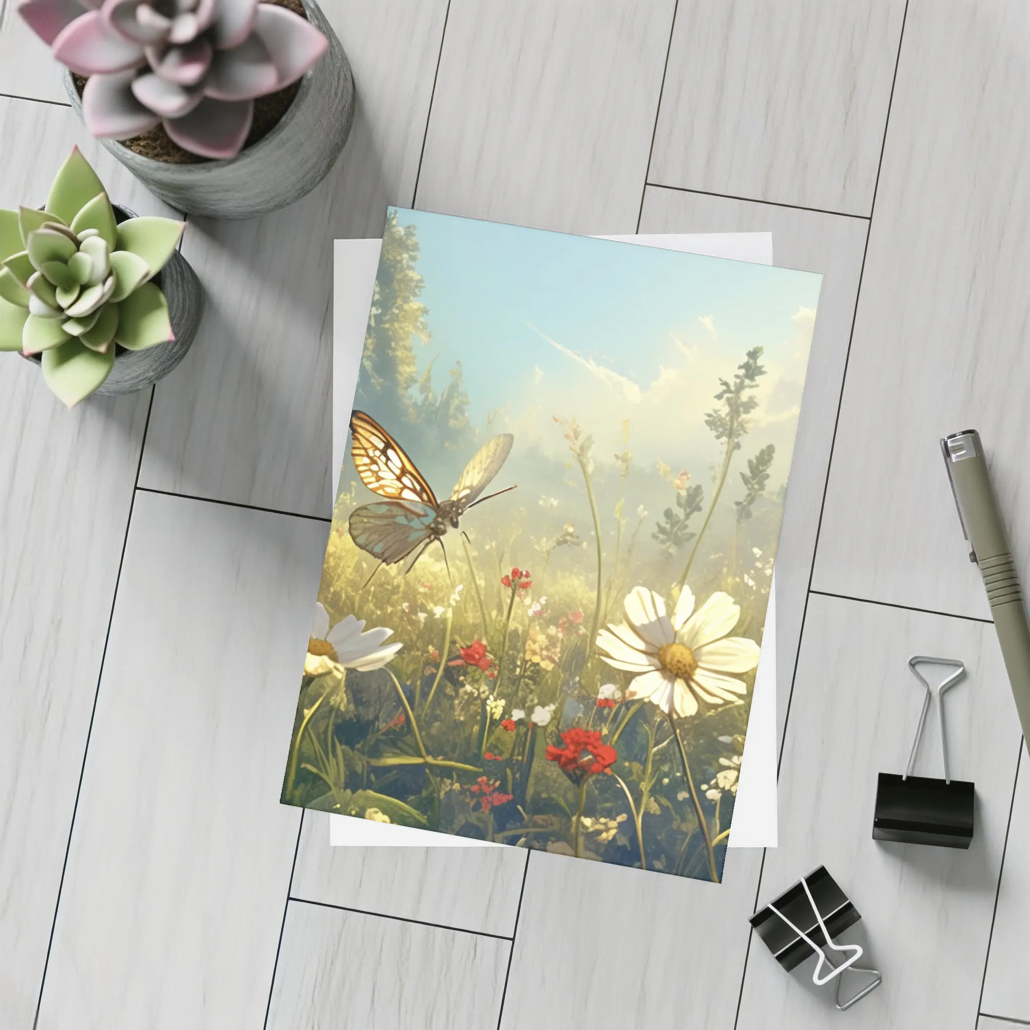 Butterfly Over Daisy Wildflower Meadow Summer – Postcards