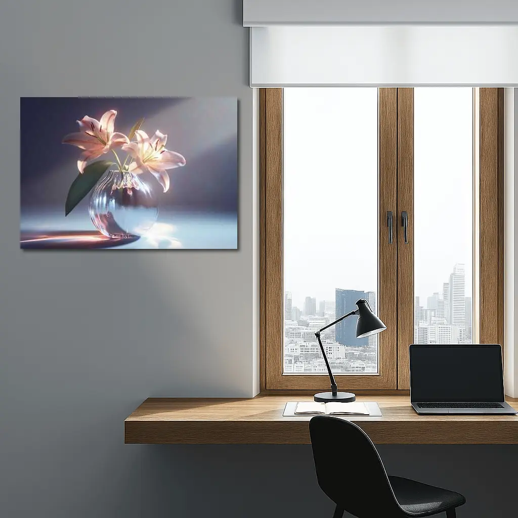 Pink Lily Flowers Glass Vase Soft Light – Wall Art