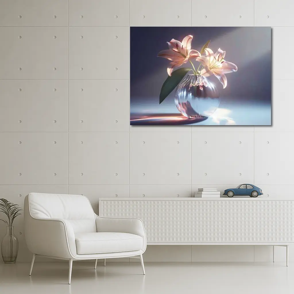 Pink Lily Flowers Glass Vase Soft Light – Wall Art