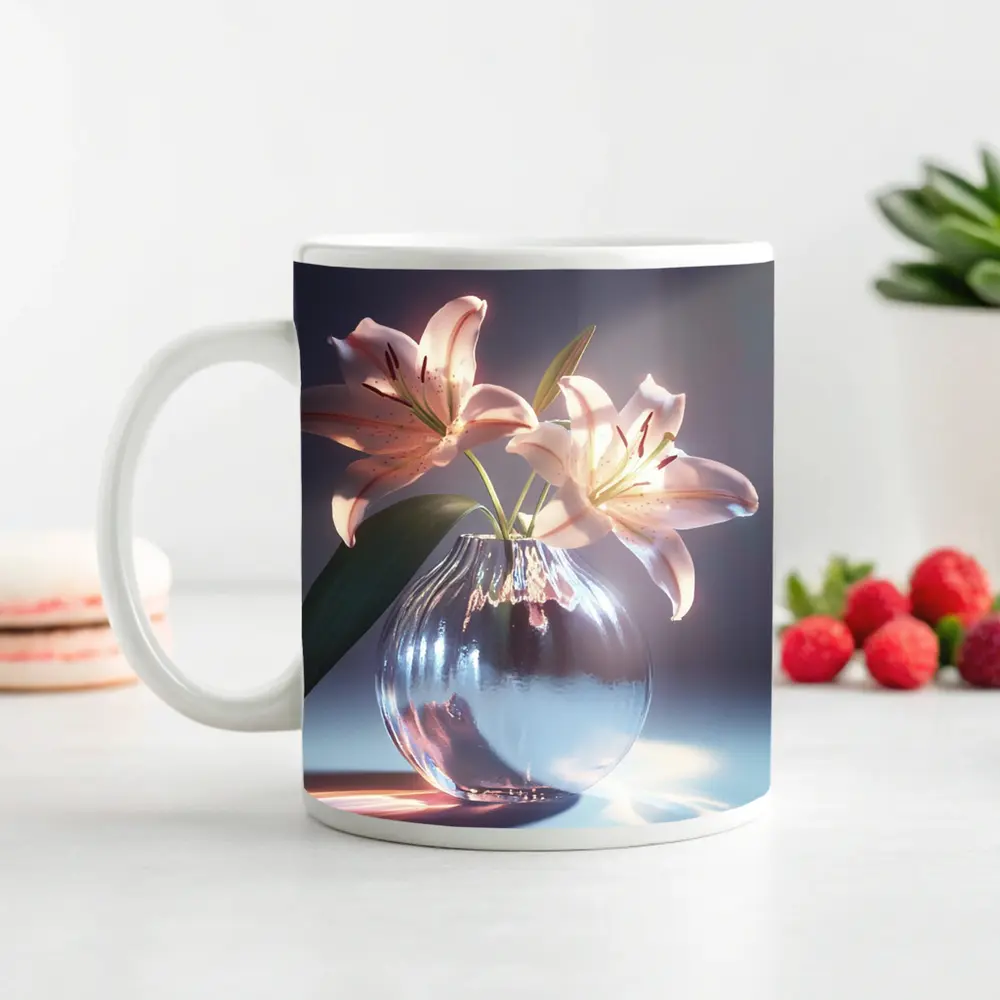 Pink Lily Flowers Glass Vase Soft Light – Mugs
