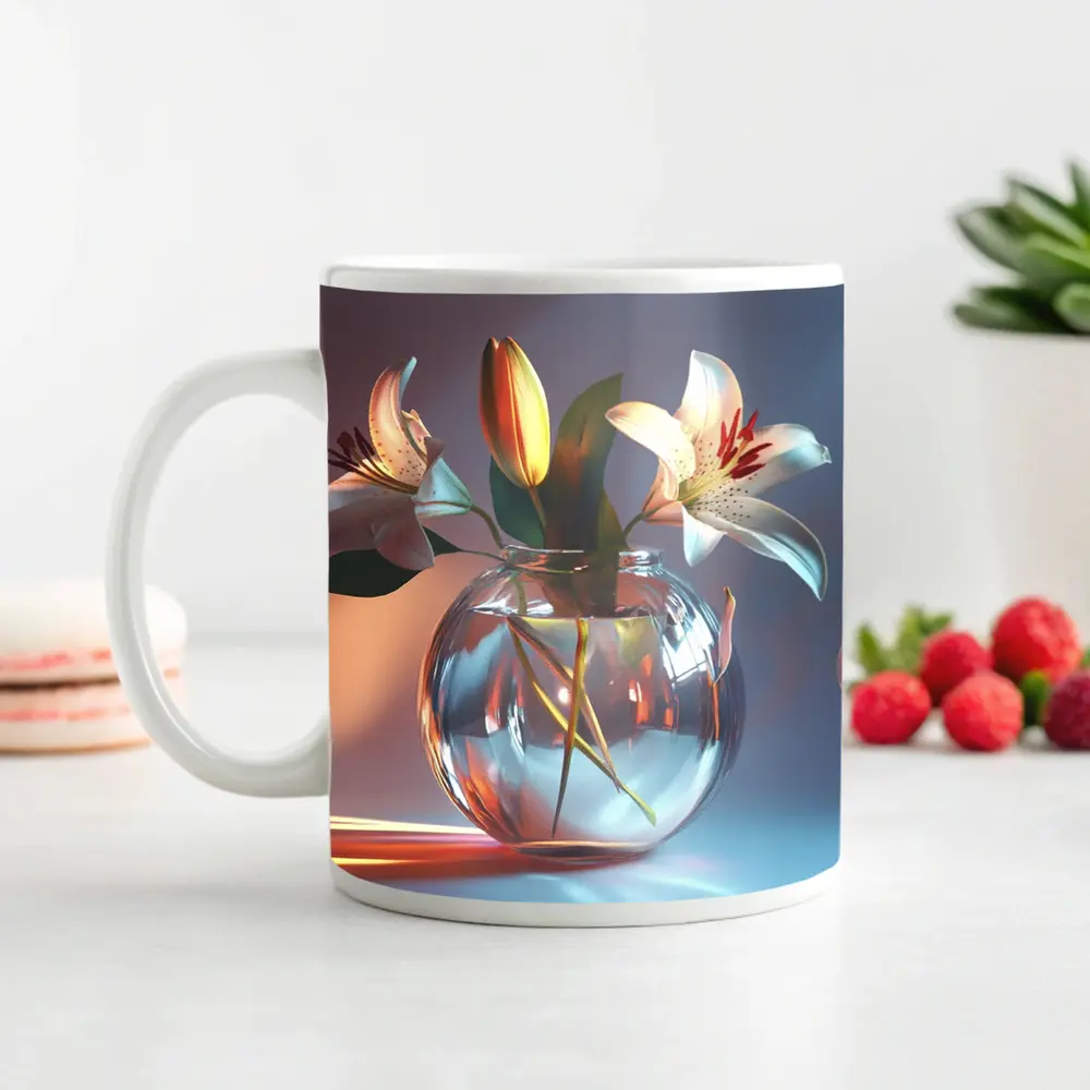 White Lilies Glass Vase Soft Pastel Background – Mugs