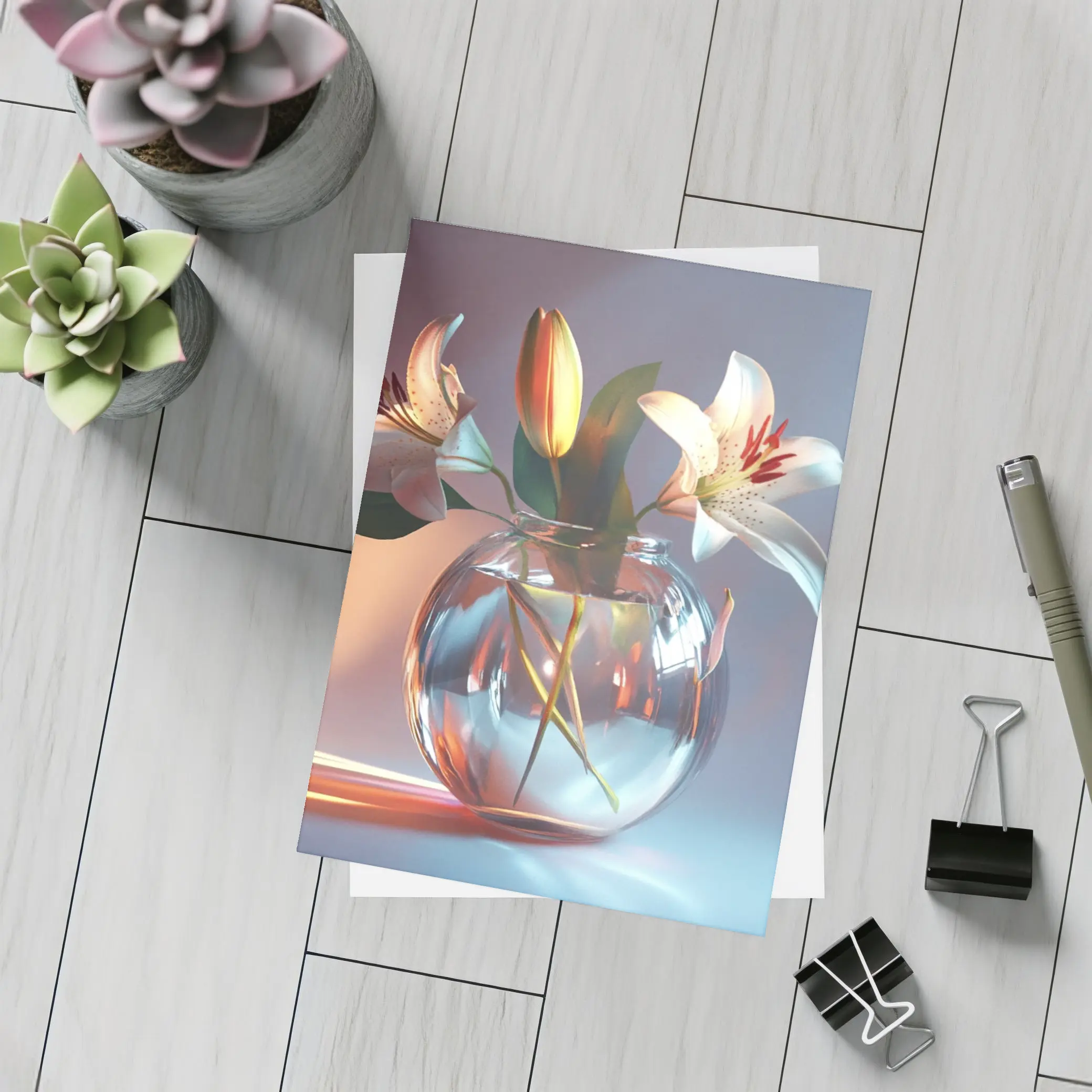 White Lilies Glass Vase Soft Pastel Background – Postcards