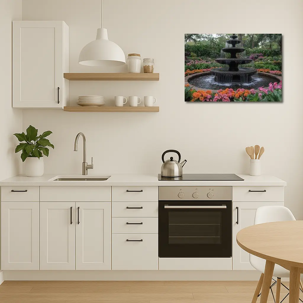 Tiered Garden Fountain Surrounded By Colorful Flowers – Wall Art