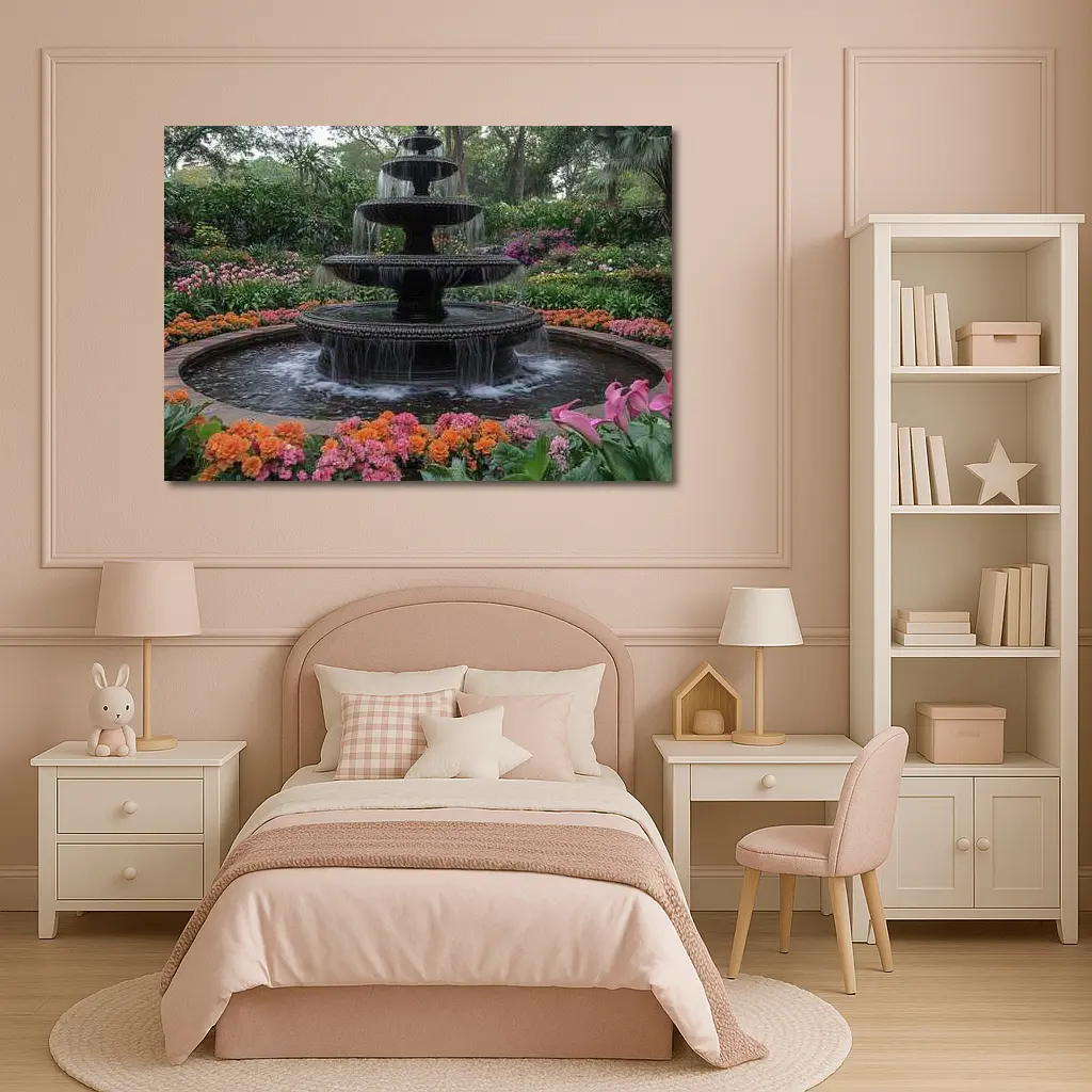 Tiered Garden Fountain Surrounded By Colorful Flowers – Wall Art