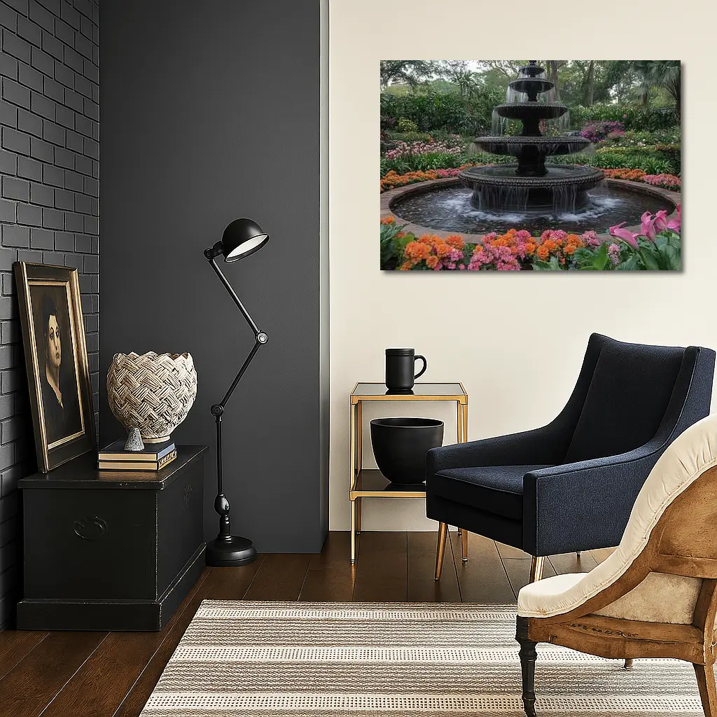 Tiered Garden Fountain Surrounded By Colorful Flowers – Wall Art