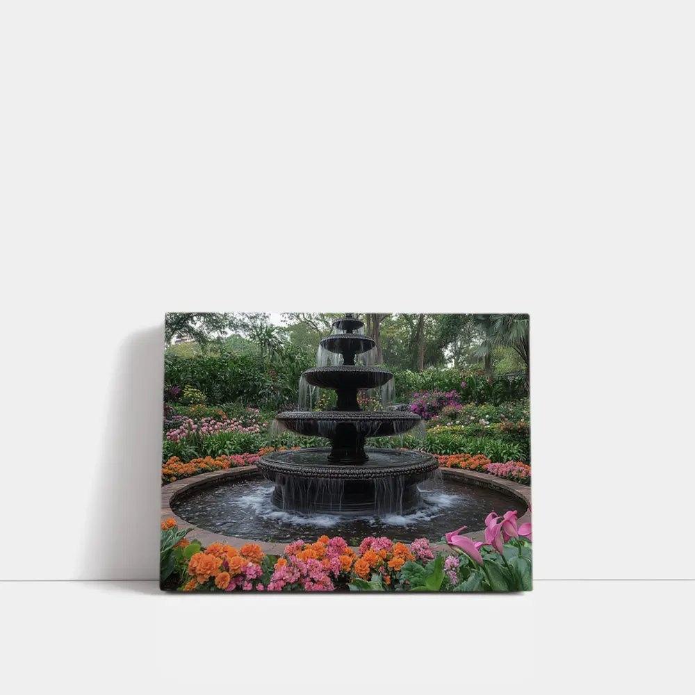 Tiered Garden Fountain Surrounded By Colorful Flowers – Wall Art