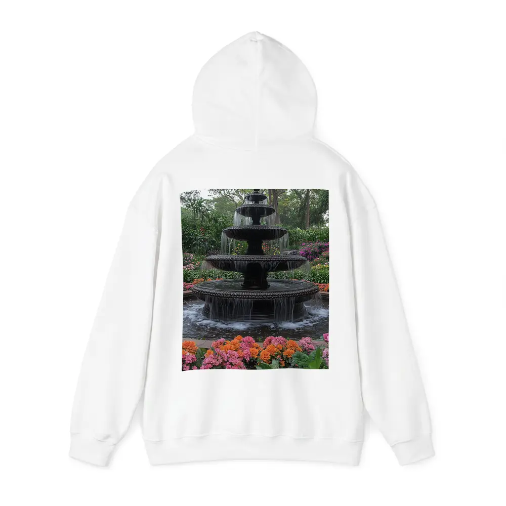 Tiered Garden Fountain Surrounded By Colorful Flowers – Hoodies