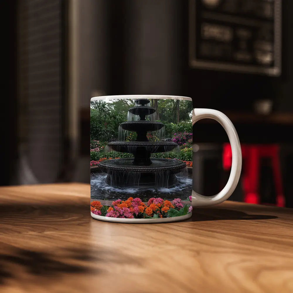 Tiered Garden Fountain Surrounded By Colorful Flowers – Mugs
