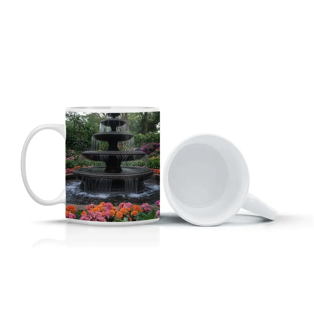Tiered Garden Fountain Surrounded By Colorful Flowers – Mugs