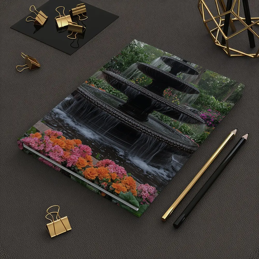 Tiered Garden Fountain Surrounded By Colorful Flowers – Notebooks
