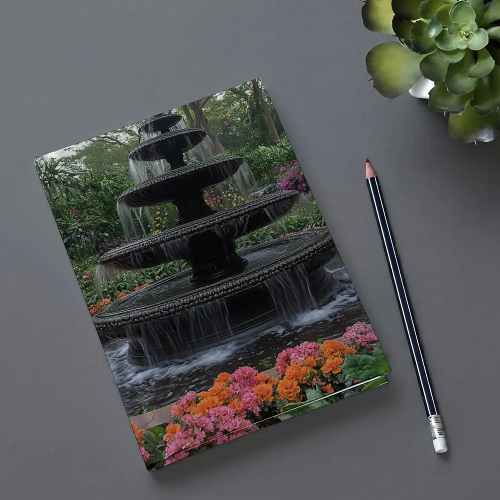 Tiered Garden Fountain Surrounded By Colorful Flowers – Notebooks