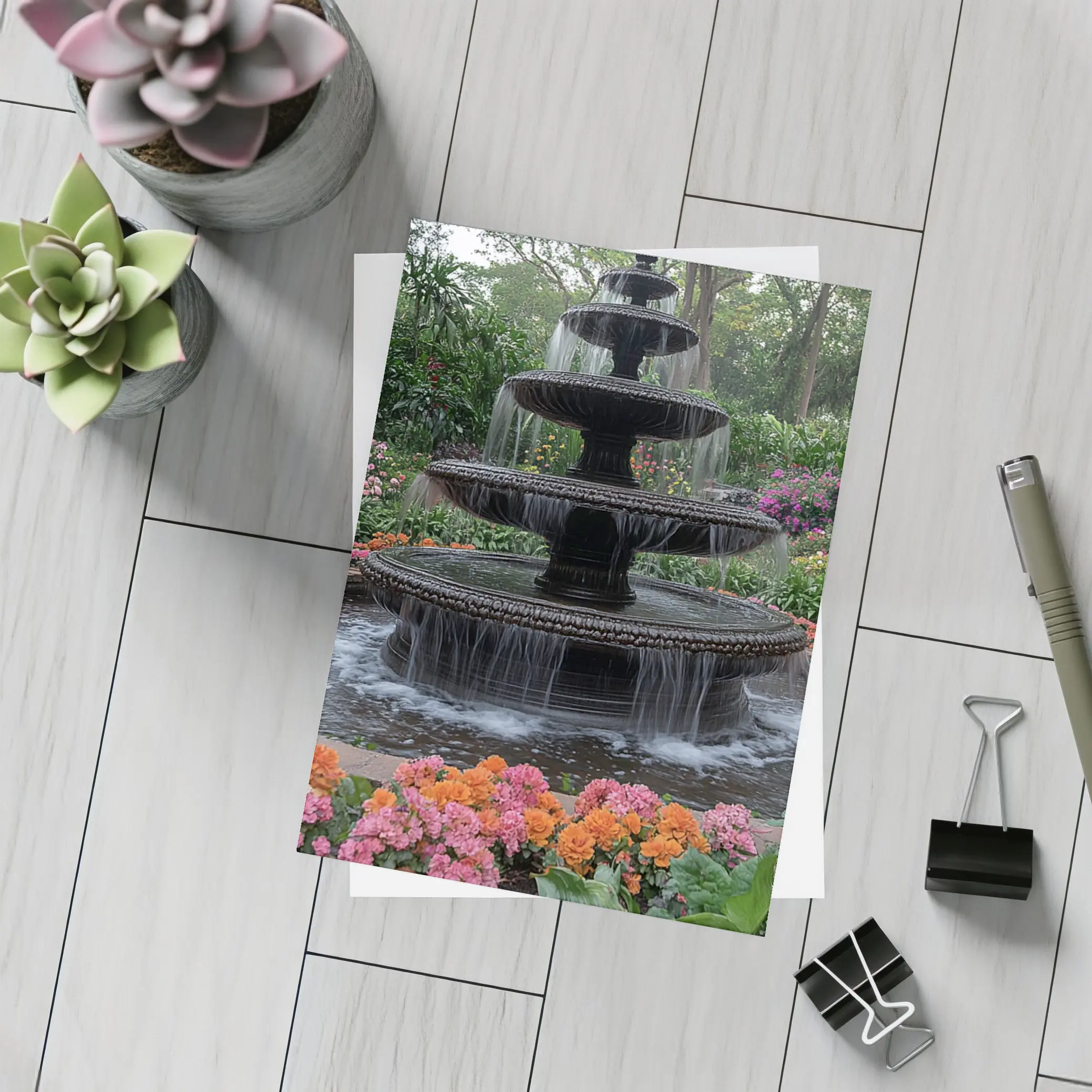 Tiered Garden Fountain Surrounded By Colorful Flowers – Postcards