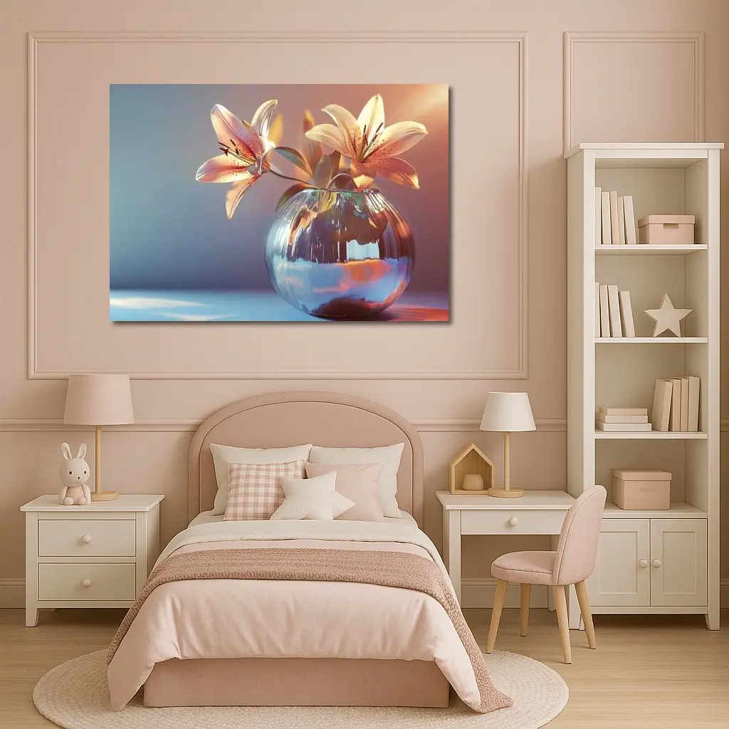 Pink Lilies Glass Vase Soft Light – Wall Art