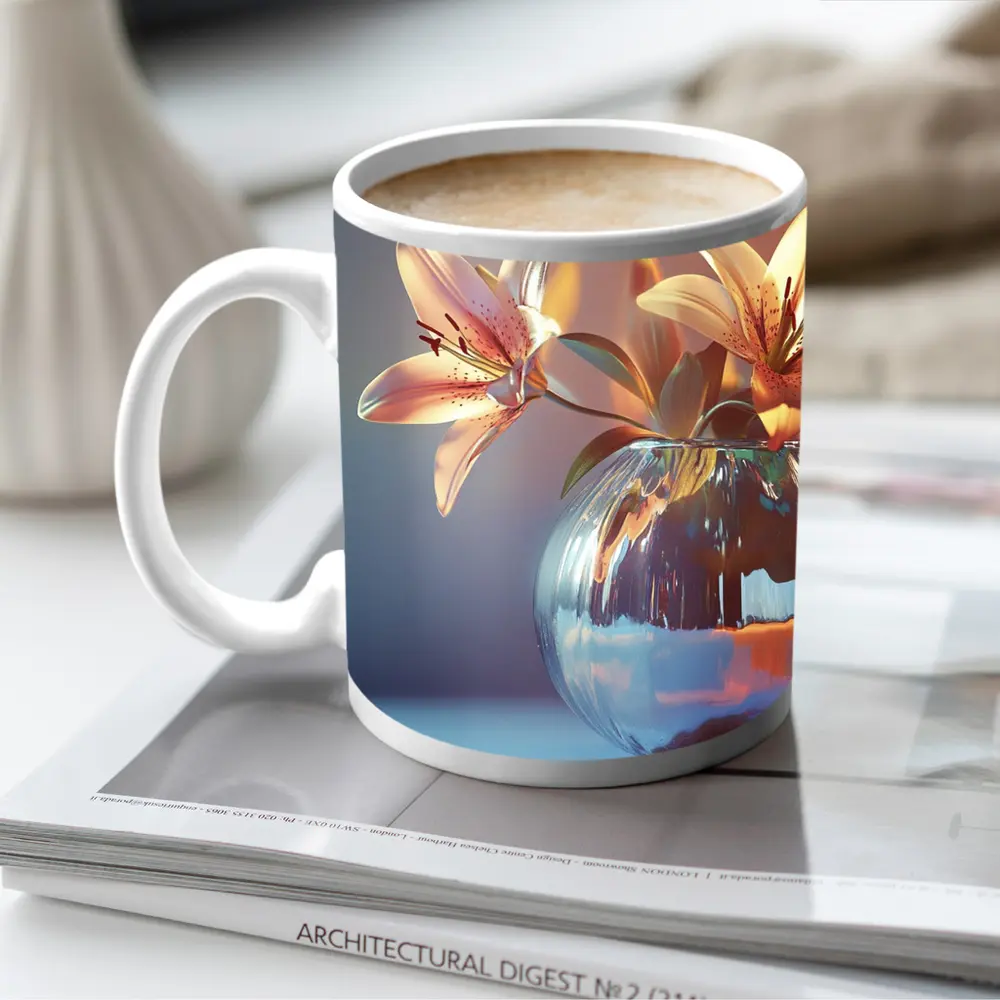 Pink Lilies Glass Vase Soft Light – Mugs