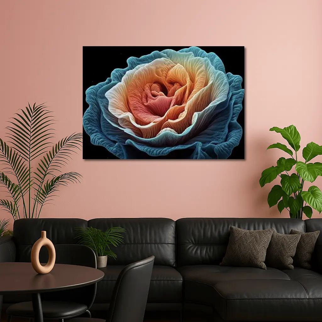 Macro Rose Coral Blue Black Background – Wall Art