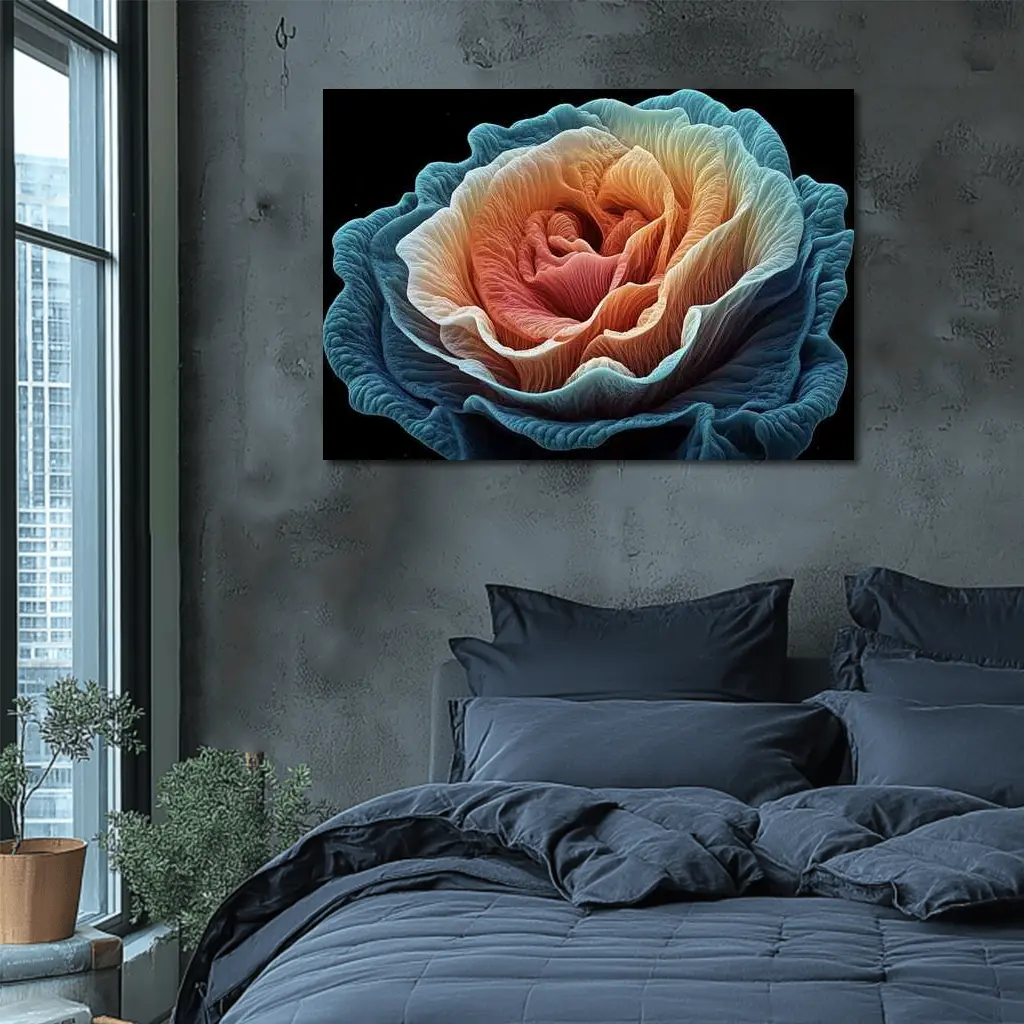 Macro Rose Coral Blue Black Background – Wall Art