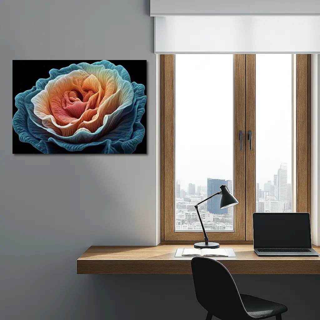 Macro Rose Coral Blue Black Background – Wall Art