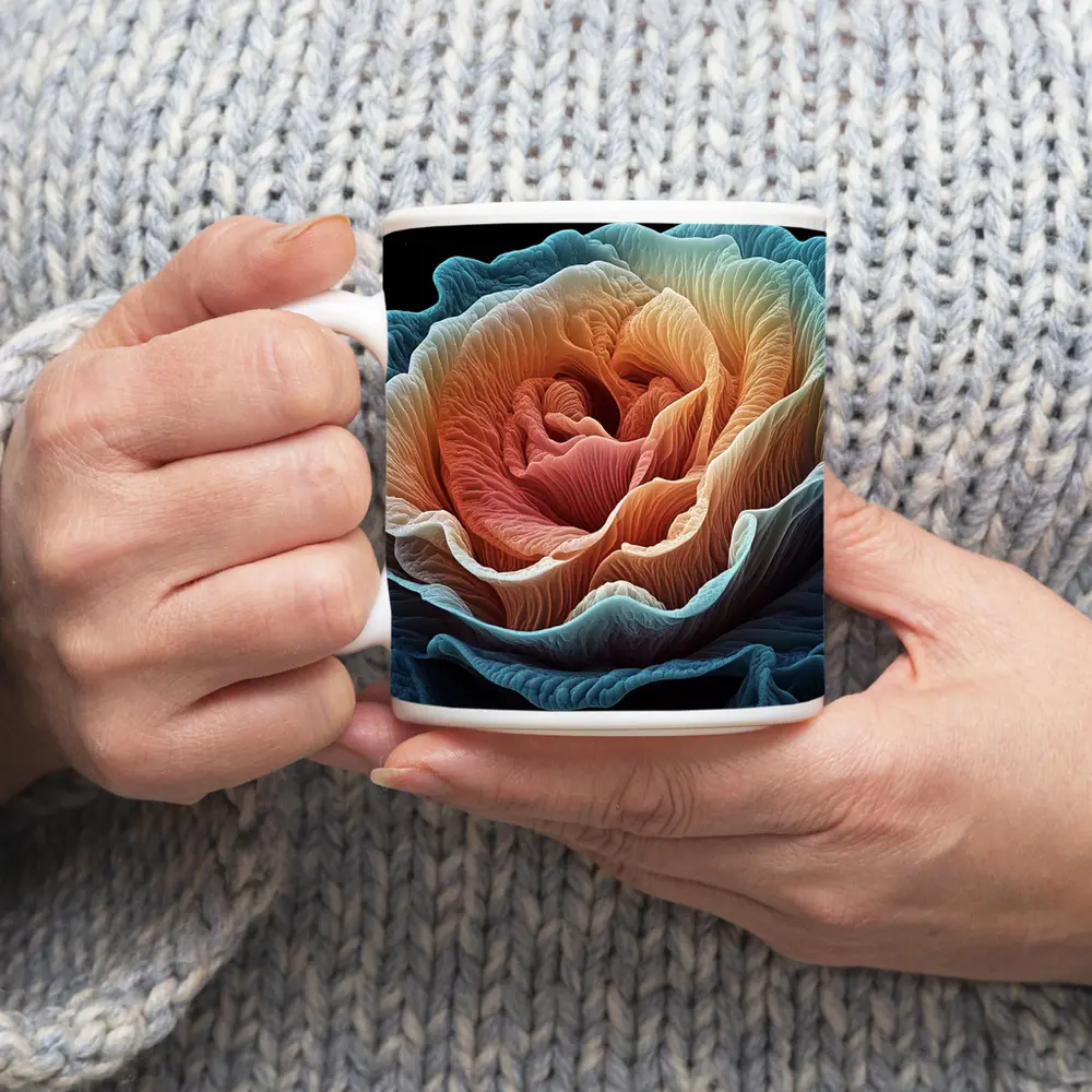 Macro Rose Coral Blue Black Background – Mugs