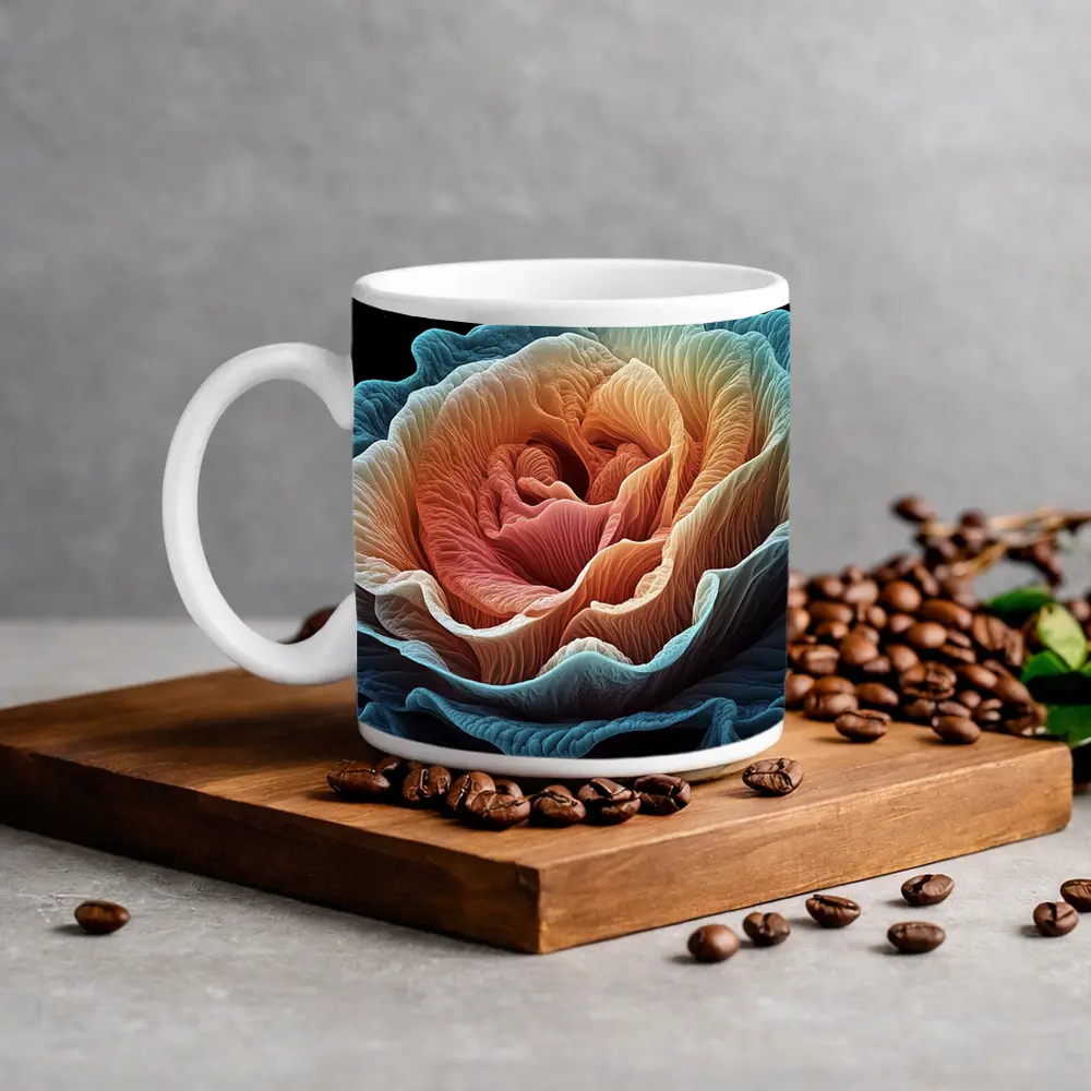Macro Rose Coral Blue Black Background – Mugs