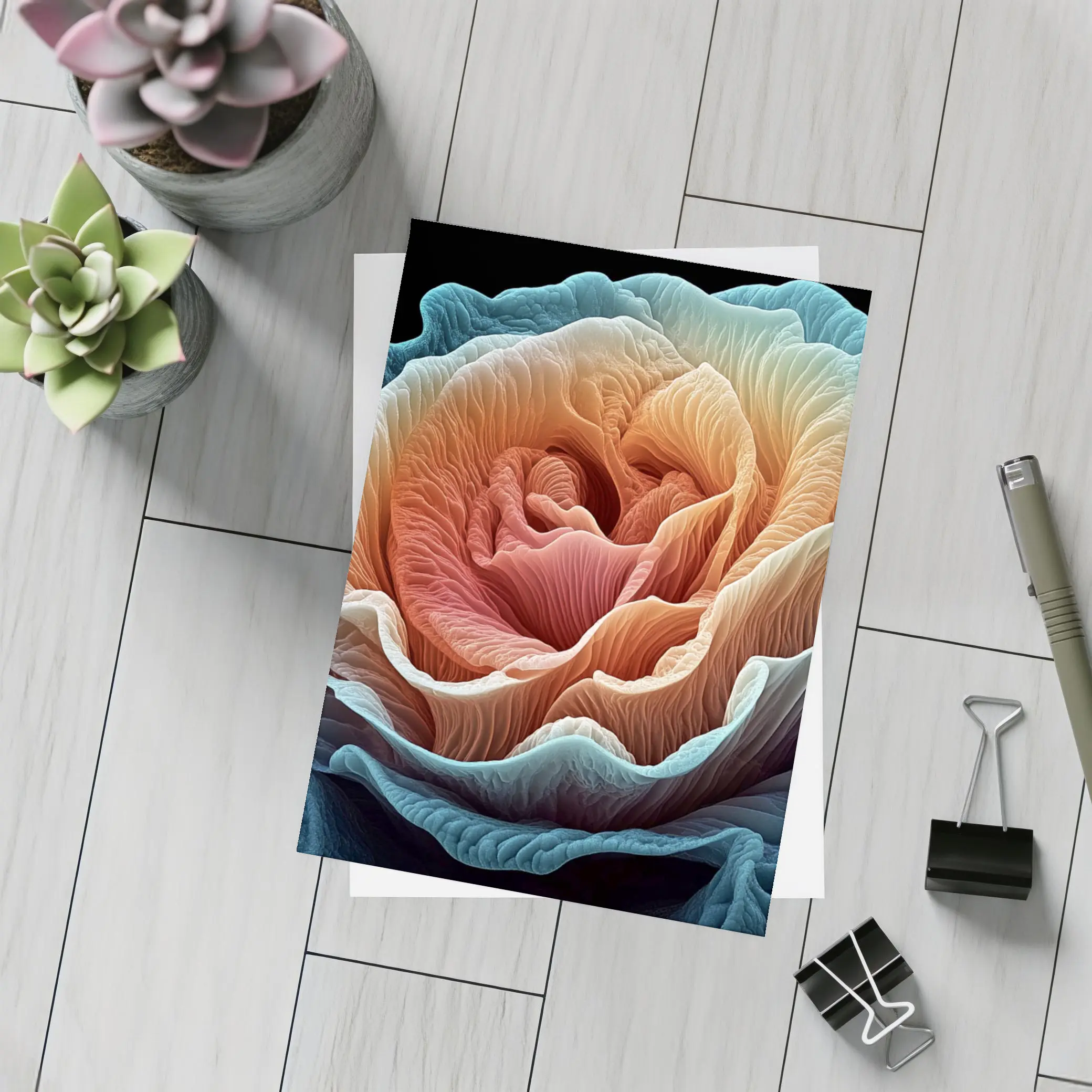 Macro Rose Coral Blue Black Background – Postcards