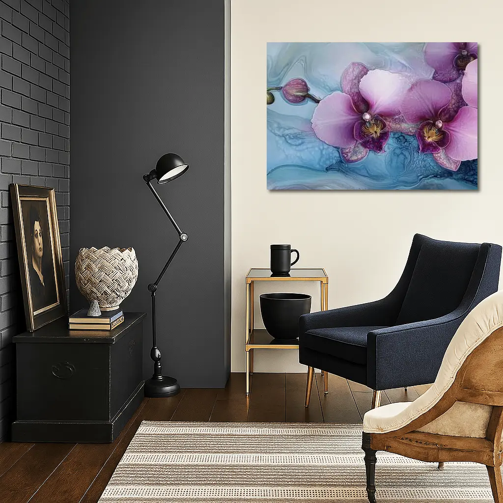 Purple Orchid Flowers Blue Marble Background – Wall Art
