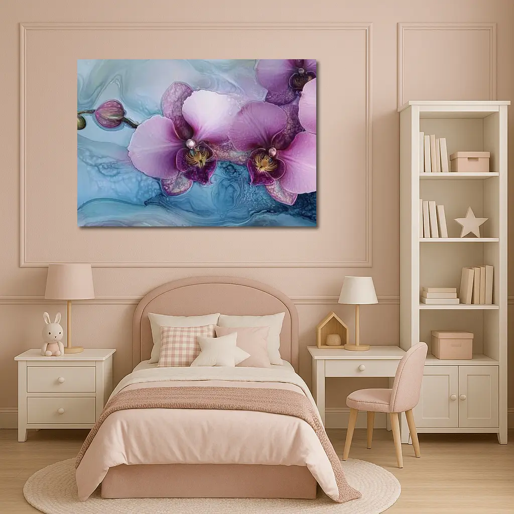 Purple Orchid Flowers Blue Marble Background – Wall Art
