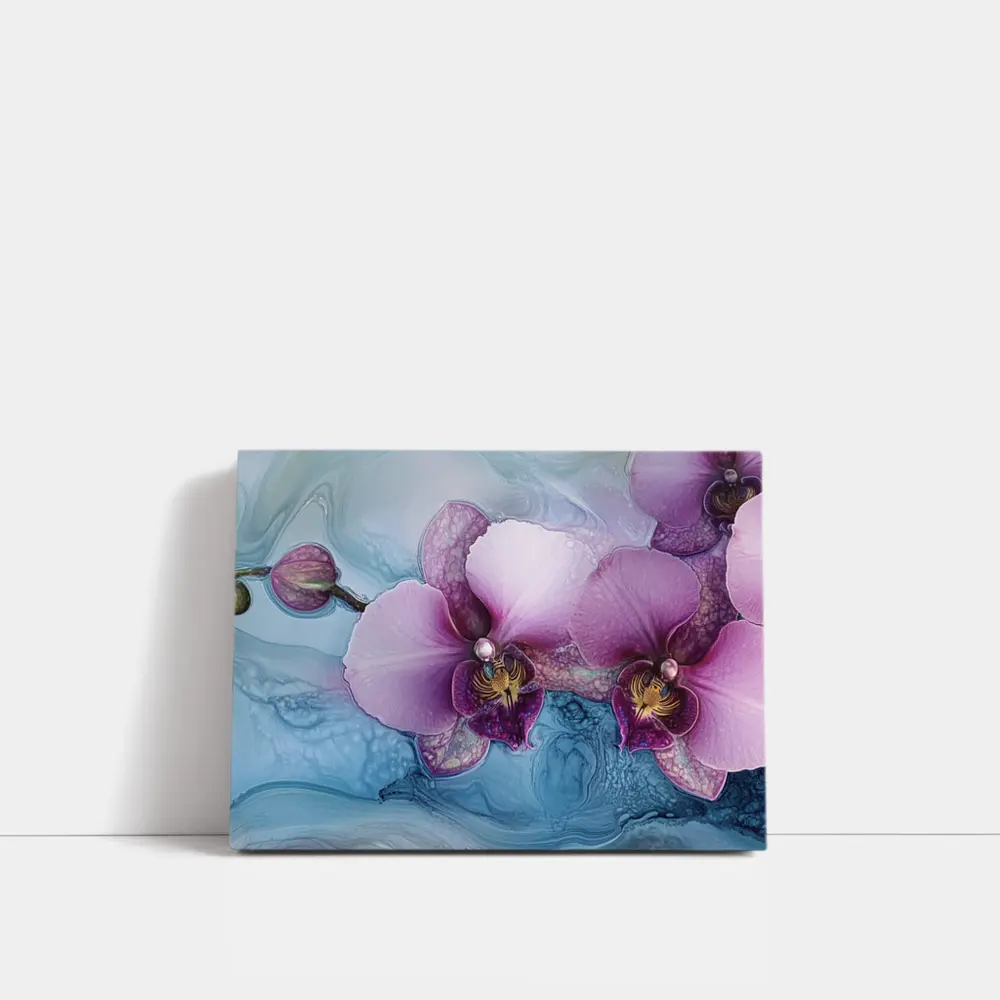 Purple Orchid Flowers Blue Marble Background – Wall Art