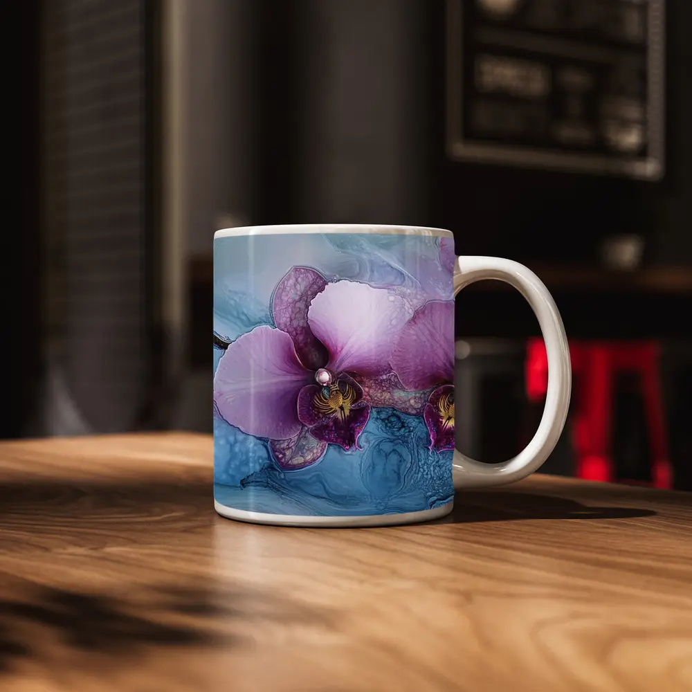 Purple Orchid Flowers Blue Marble Background – Mugs
