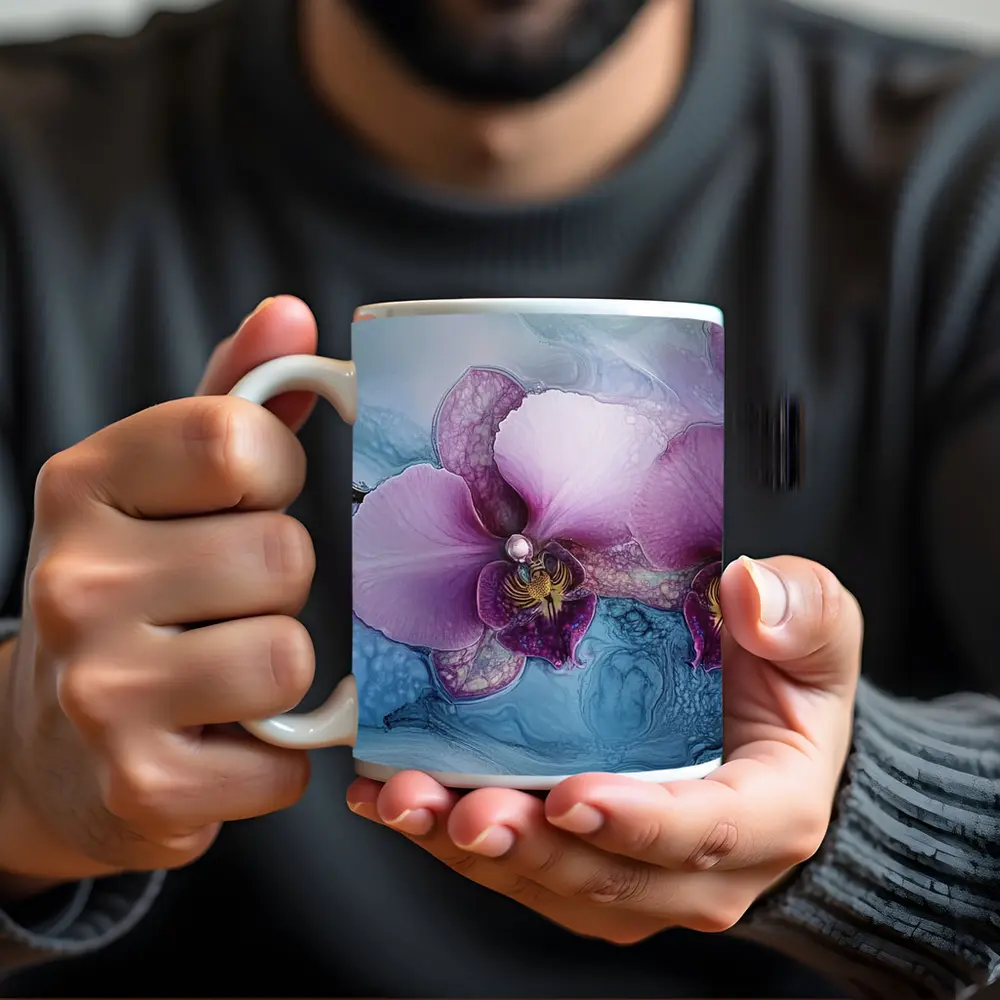Purple Orchid Flowers Blue Marble Background – Mugs