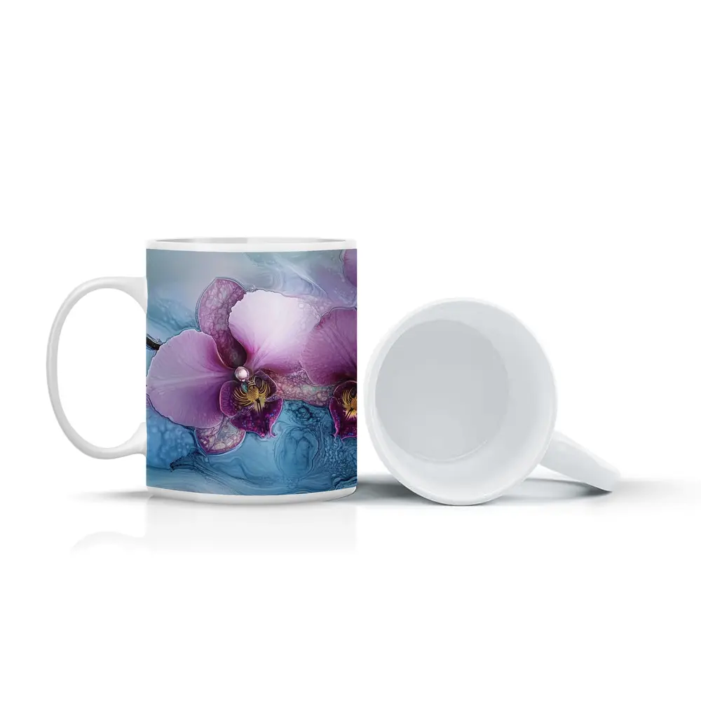 Purple Orchid Flowers Blue Marble Background – Mugs