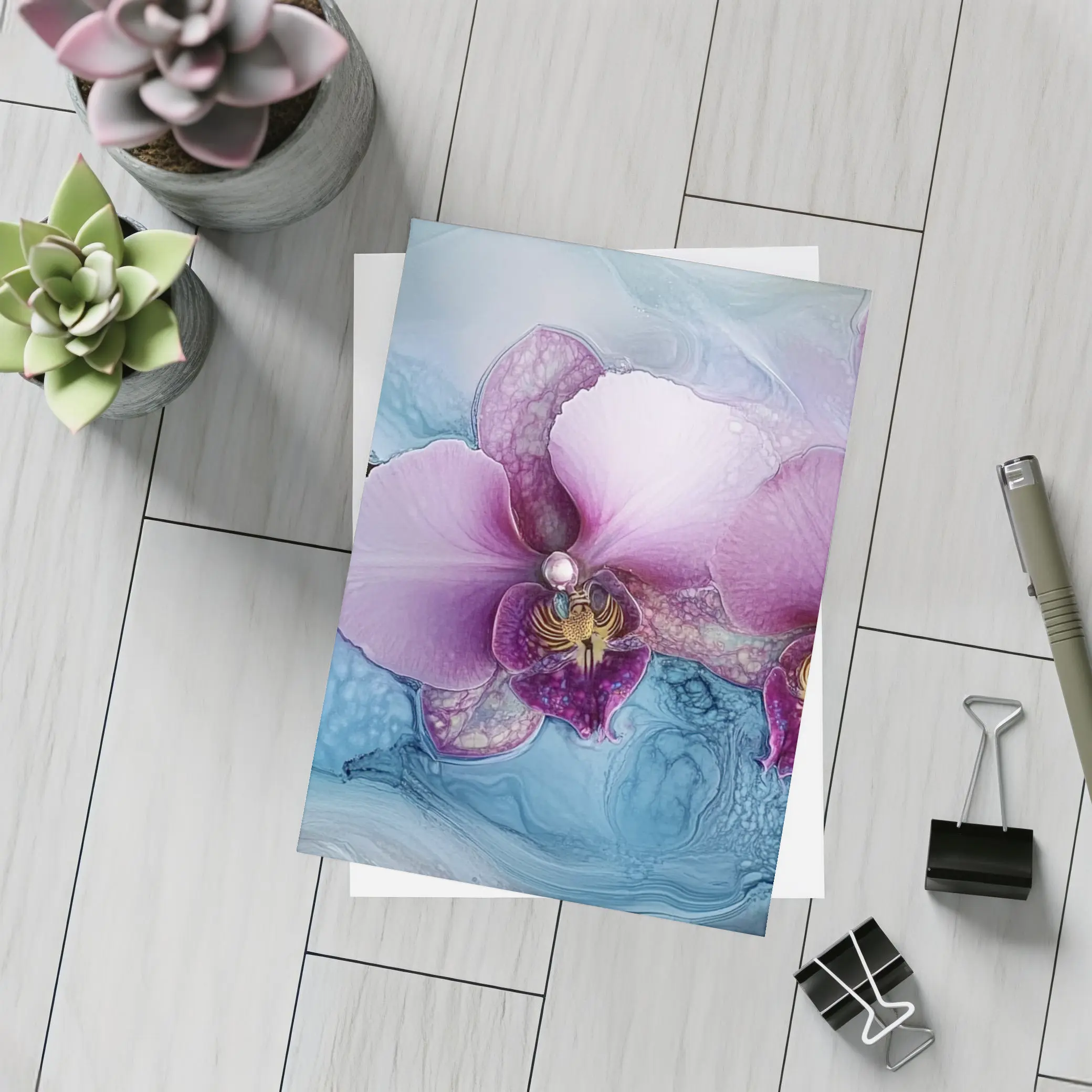 Purple Orchid Flowers Blue Marble Background – Postcards
