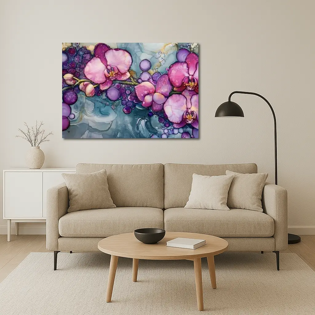 Pink Orchids Alcohol Ink Art Blue Background – Wall Art