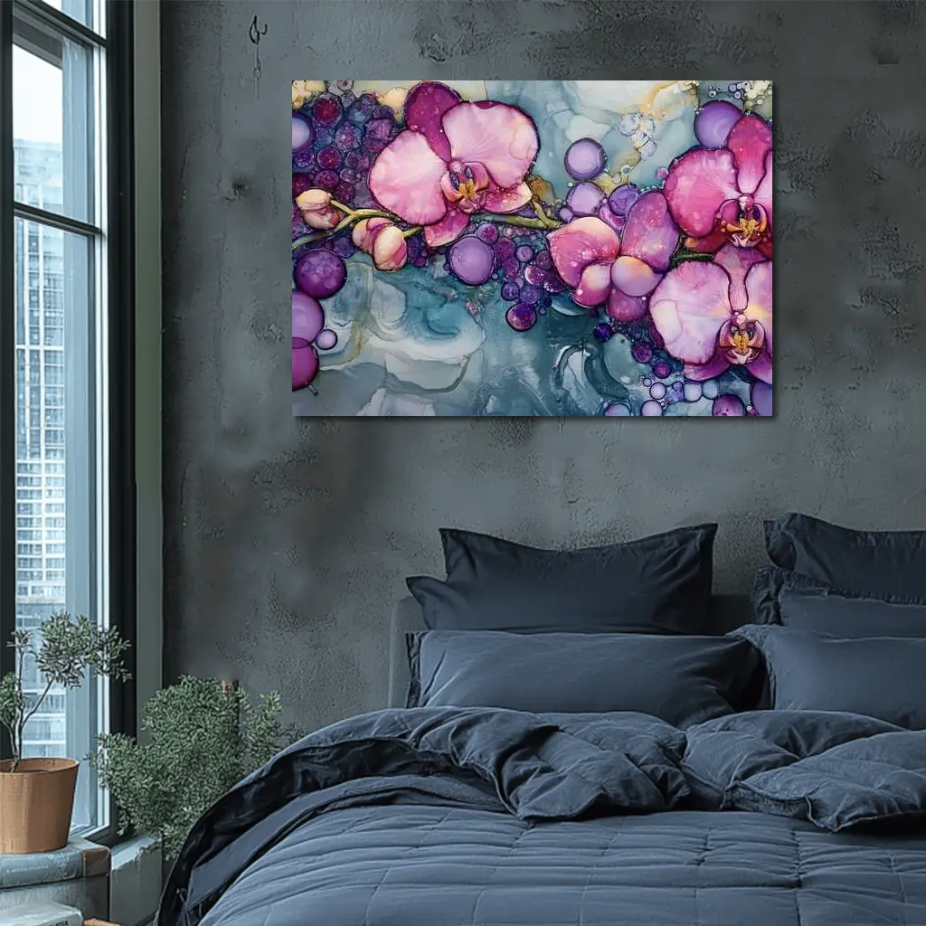 Pink Orchids Alcohol Ink Art Blue Background – Wall Art