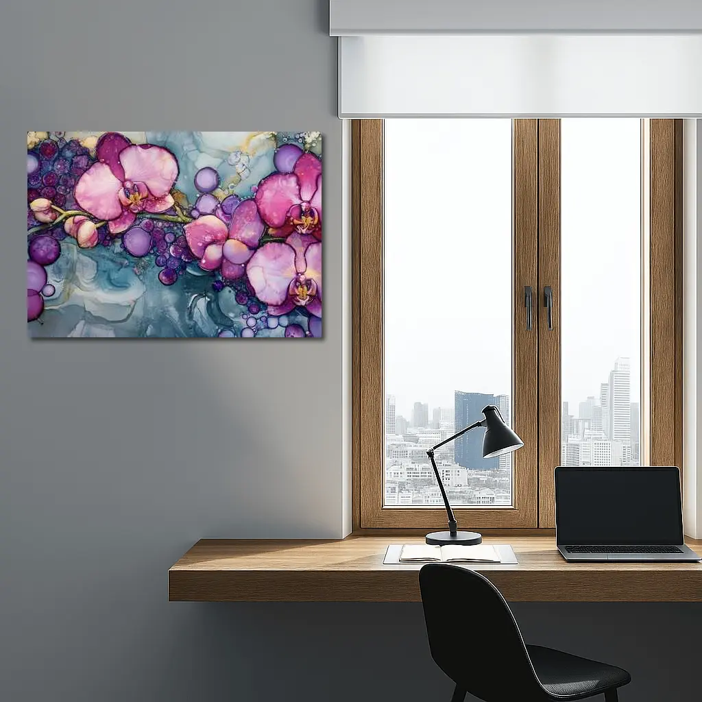 Pink Orchids Alcohol Ink Art Blue Background – Wall Art