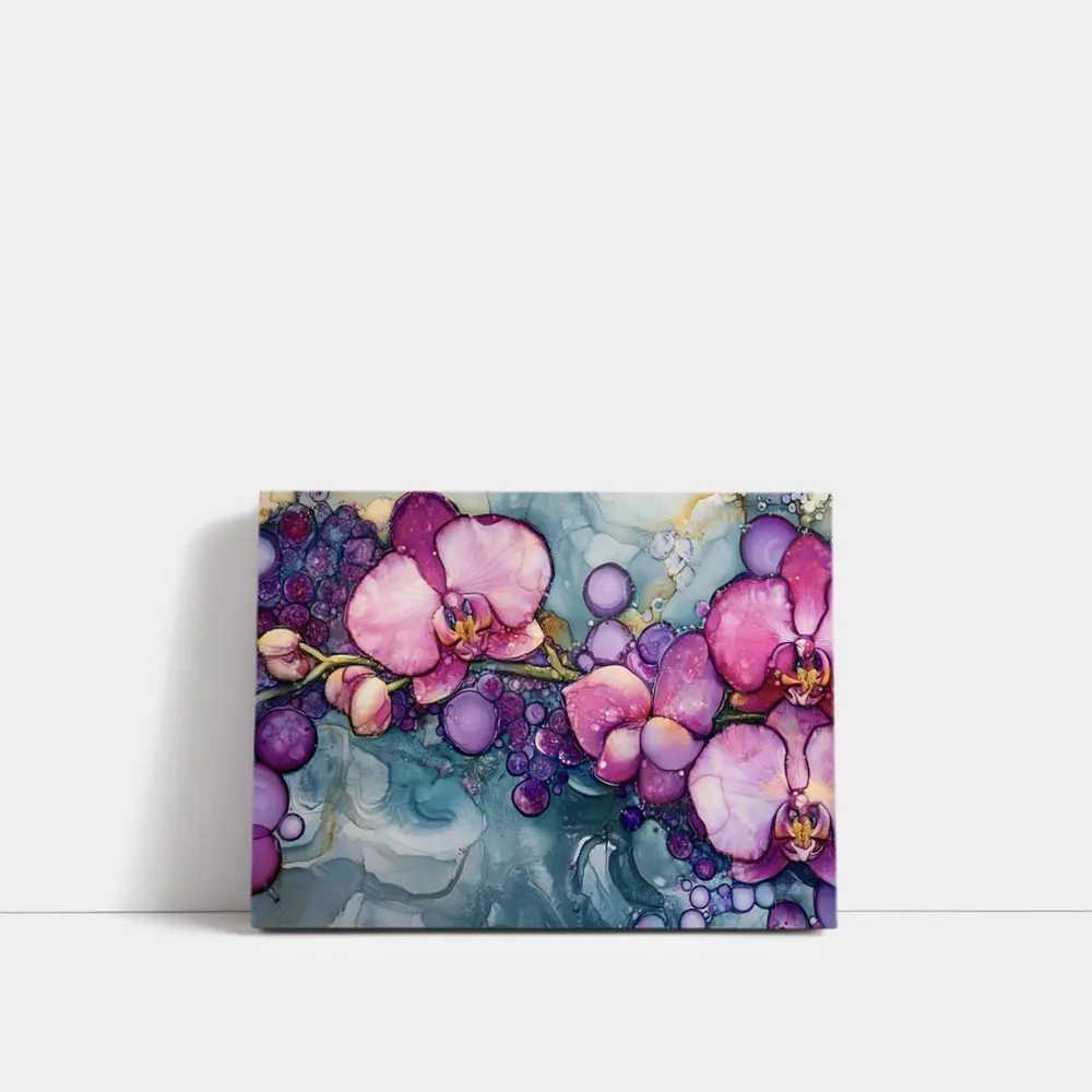 Pink Orchids Alcohol Ink Art Blue Background – Wall Art