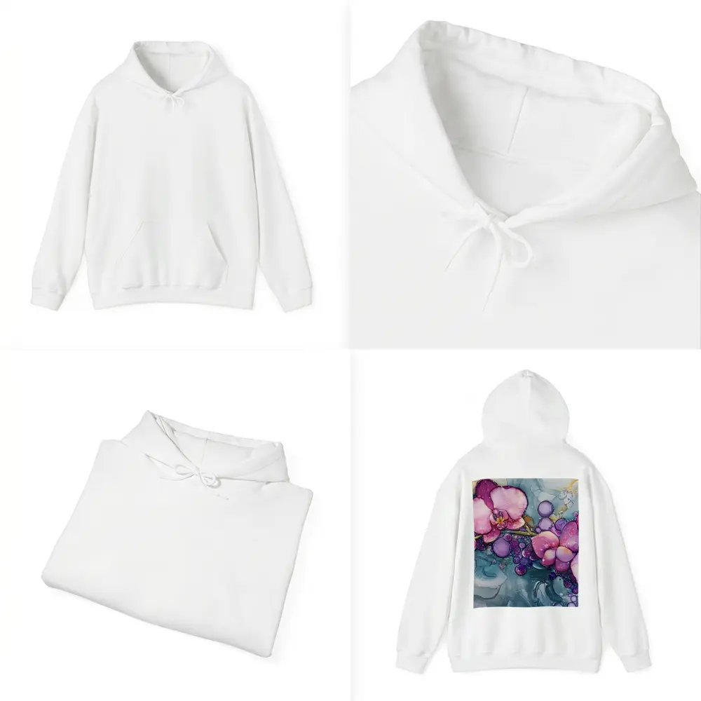 Pink Orchids Alcohol Ink Art Blue Background – Hoodies