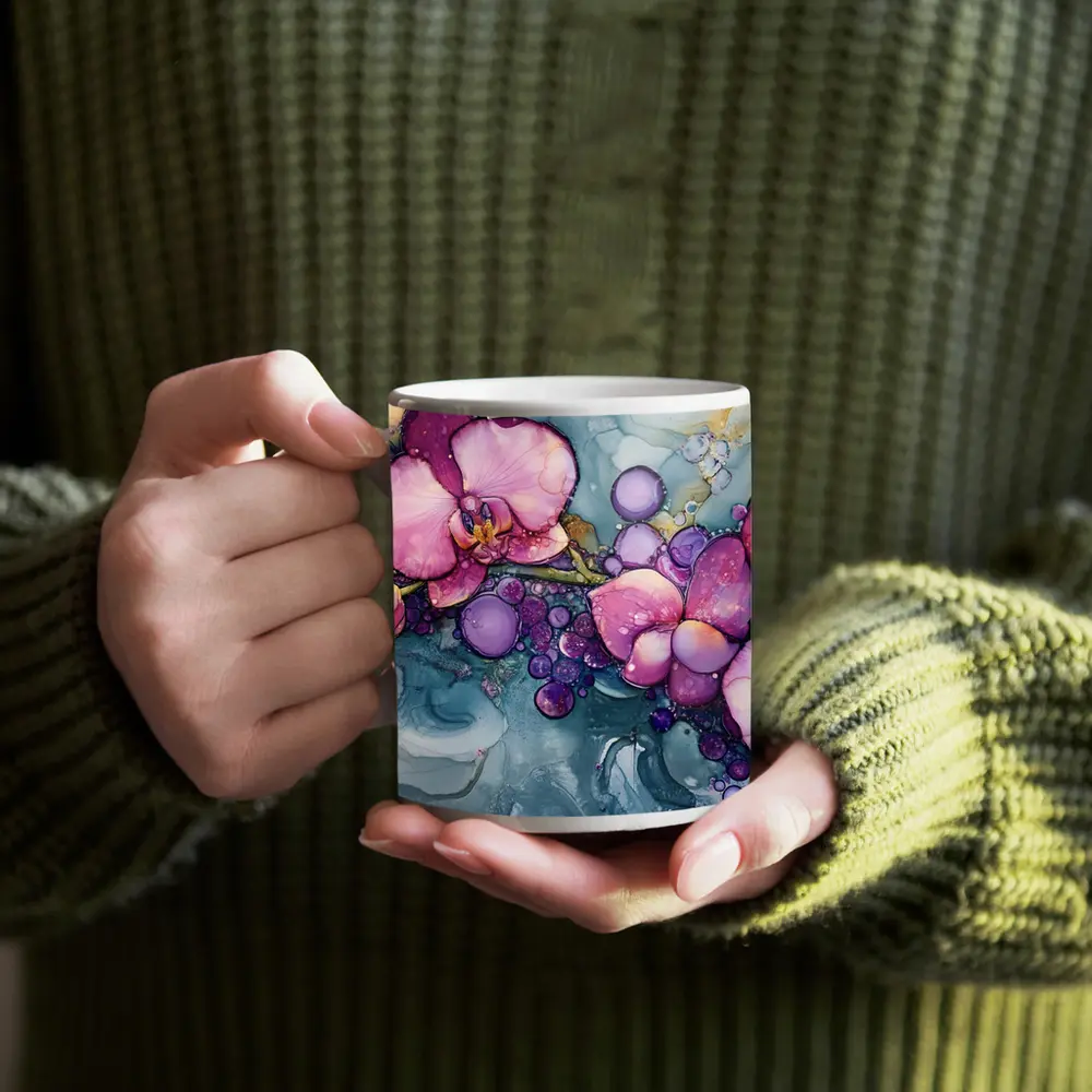 Pink Orchids Alcohol Ink Art Blue Background – Mugs