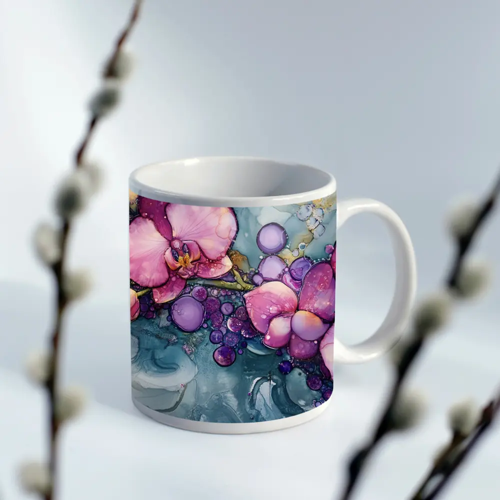 Pink Orchids Alcohol Ink Art Blue Background – Mugs