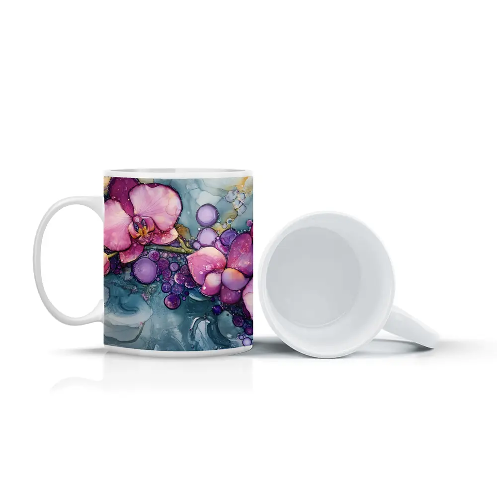 Pink Orchids Alcohol Ink Art Blue Background – Mugs