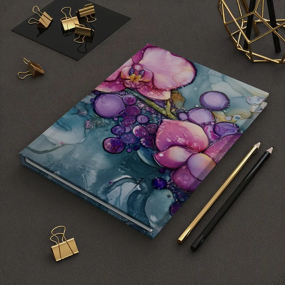 Pink Orchids Alcohol Ink Art Blue Background – Notebooks