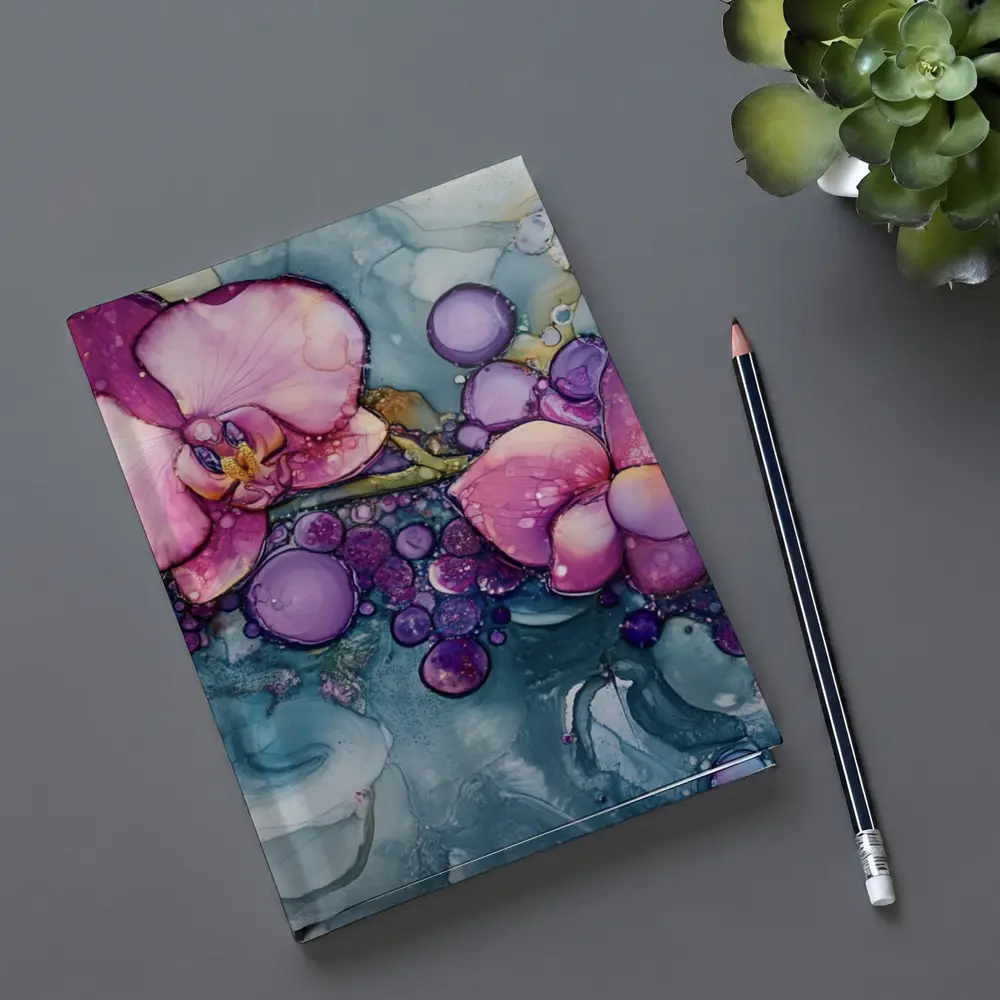 Pink Orchids Alcohol Ink Art Blue Background – Notebooks