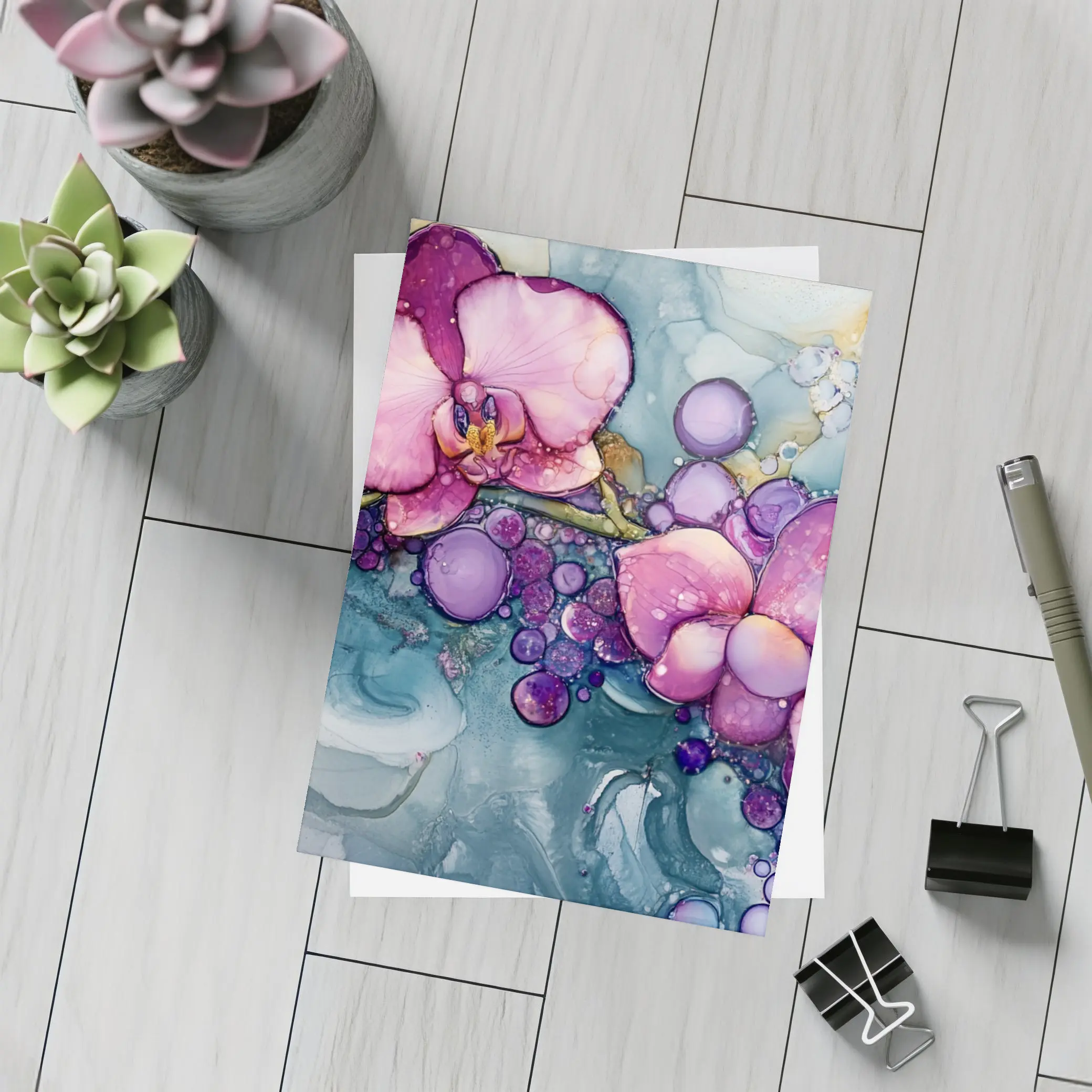 Pink Orchids Alcohol Ink Art Blue Background – Postcards