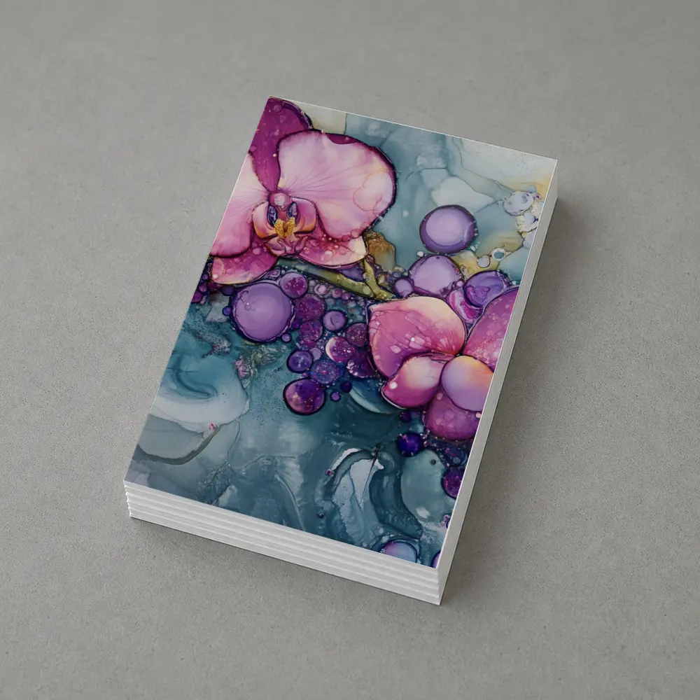 Pink Orchids Alcohol Ink Art Blue Background – Postcards