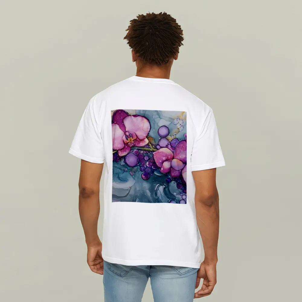 Pink Orchids Alcohol Ink Art Blue Background – T-Shirts