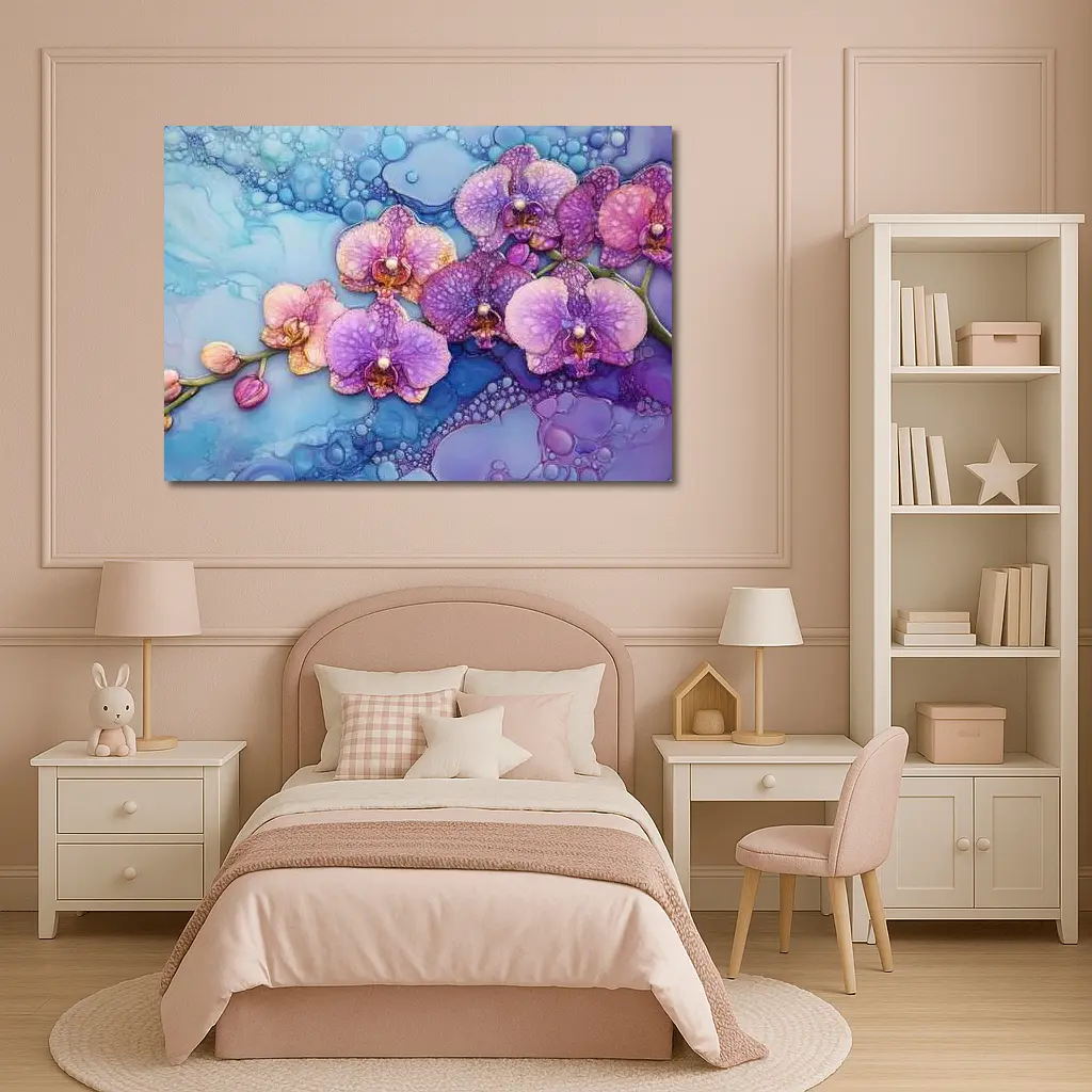 Purple Pink Orchids Alcohol Ink Blue Background – Wall Art