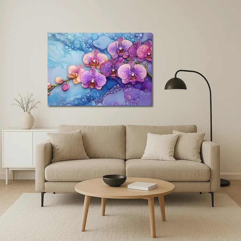 Purple Pink Orchids Alcohol Ink Blue Background – Wall Art