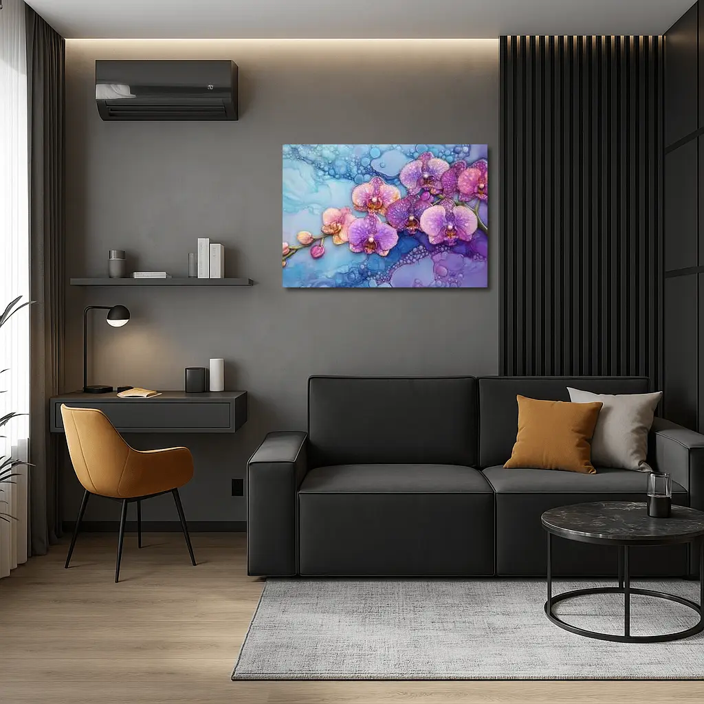 Purple Pink Orchids Alcohol Ink Blue Background – Wall Art